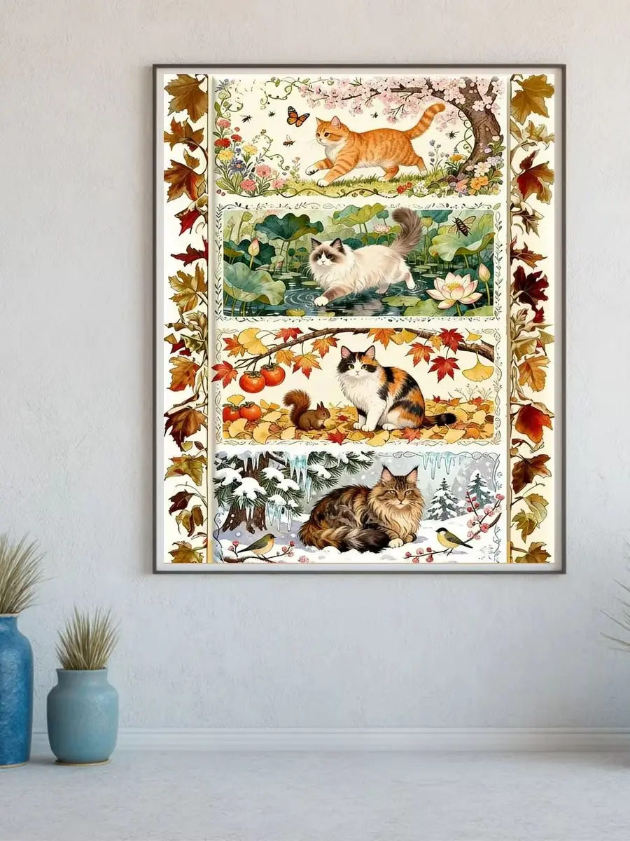 1 Stück 40x50cm/15,7x19,69 Zoll, 11Ct/14Ct Kreuzstich-Set, DIY Valentinstagsgeschenk, Stickerei-Set für Festivals, Vier Jahreszeiten Katzen – Detail 1