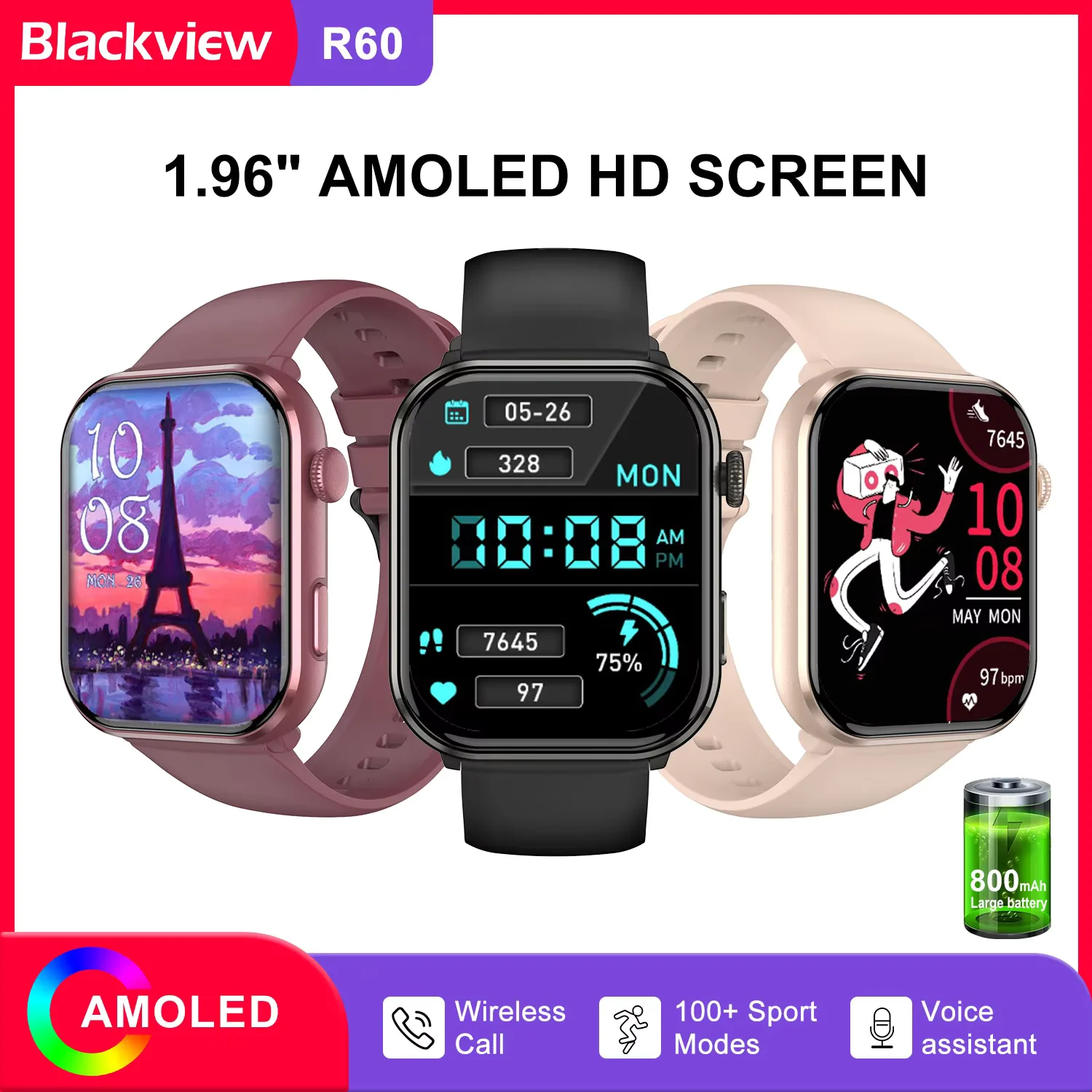 

R60 Bluetooth Call Men Women Smartwatch 1.96'' AMOLED HD Screen Blood Oxygen Health Heart Rate Monitoring Sport Tracking Watch