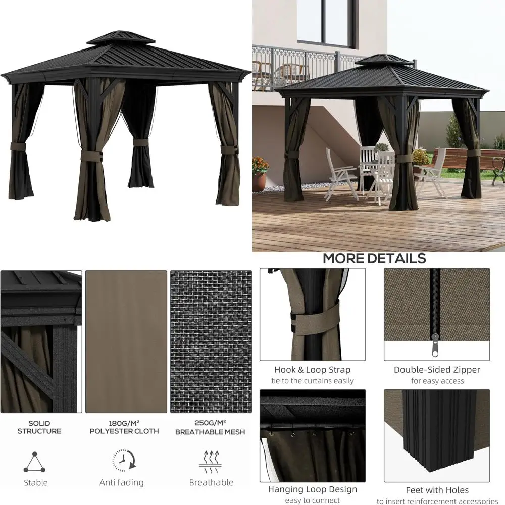 

10' x 10' hardtop gazebo with curtains and netting, permanent pavilion metal double roof gazebo canopy with aluminum frame and