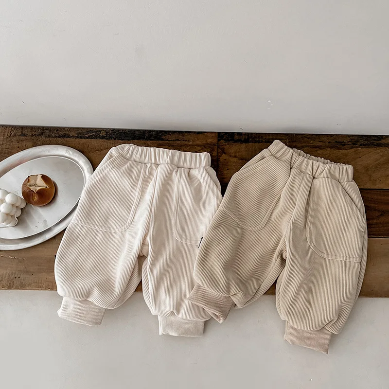 

2025 Winter New Baby Fleece Trousers Toddler Ribbed Casual Pants Infant Boy Girl Plus Velvet Thick Warm Pants Children Clothes