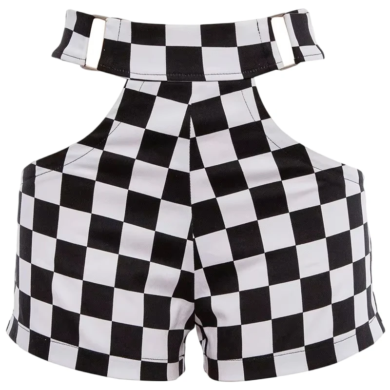 Pantalones cortos sexys con hebilla de Metal para Mujer, Shorts ajustados de tiro alto, a cuadros, estilo Rock, informales, S-2XL
