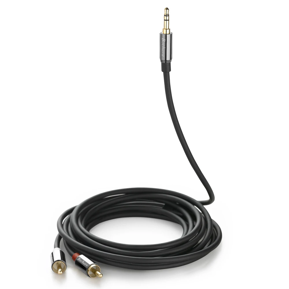 Bochara 1/8 \'\'TRS 3.5mm złącze Stereo do 2RCA OFC kabel Audio folia + oplecione ekranowane dla głośników wzmacniacz 5m 10m 15m 20m