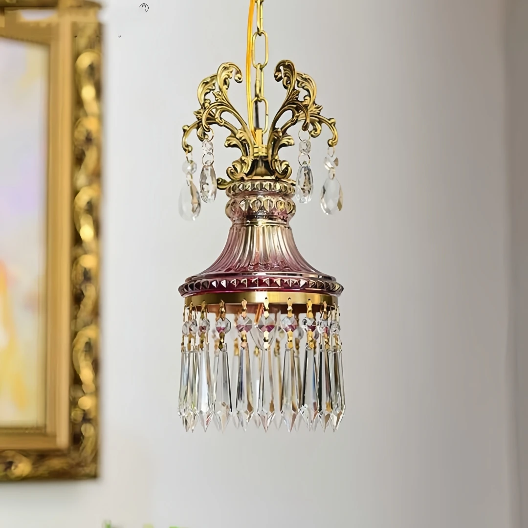 Crystal Pendant Light Antique Brass Chandelier with Glass Prisms Retro Hanging Ceiling Lamp for Bedroom Living Room, Kitchen E14