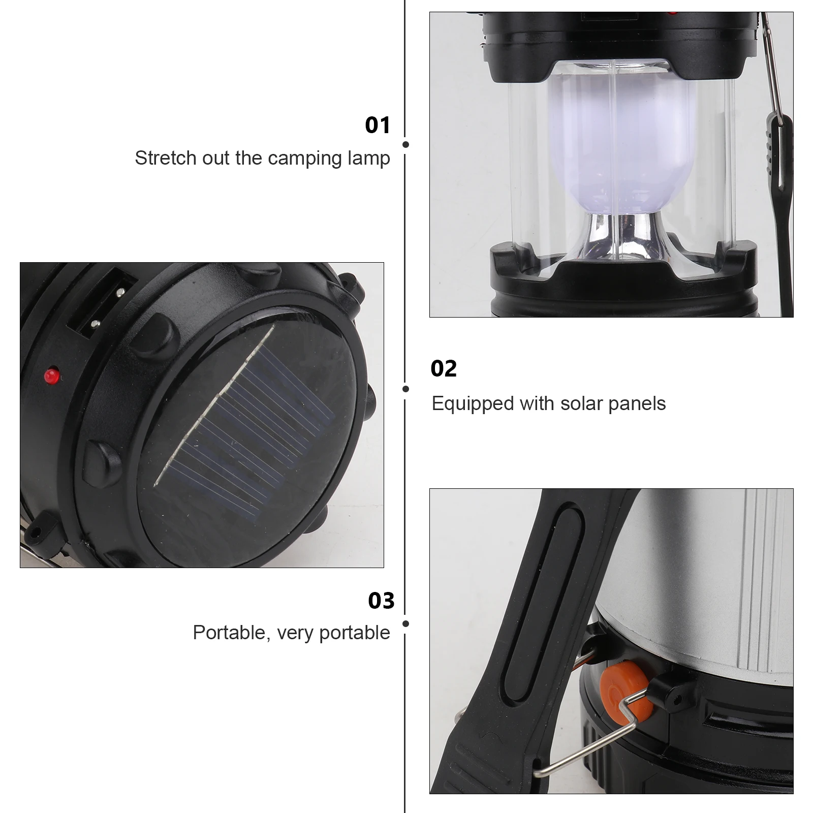 1Pcs Solar Charging Flashlight Portable LED Camping Lantern with Rechargeable Light for Outdoor Hiking