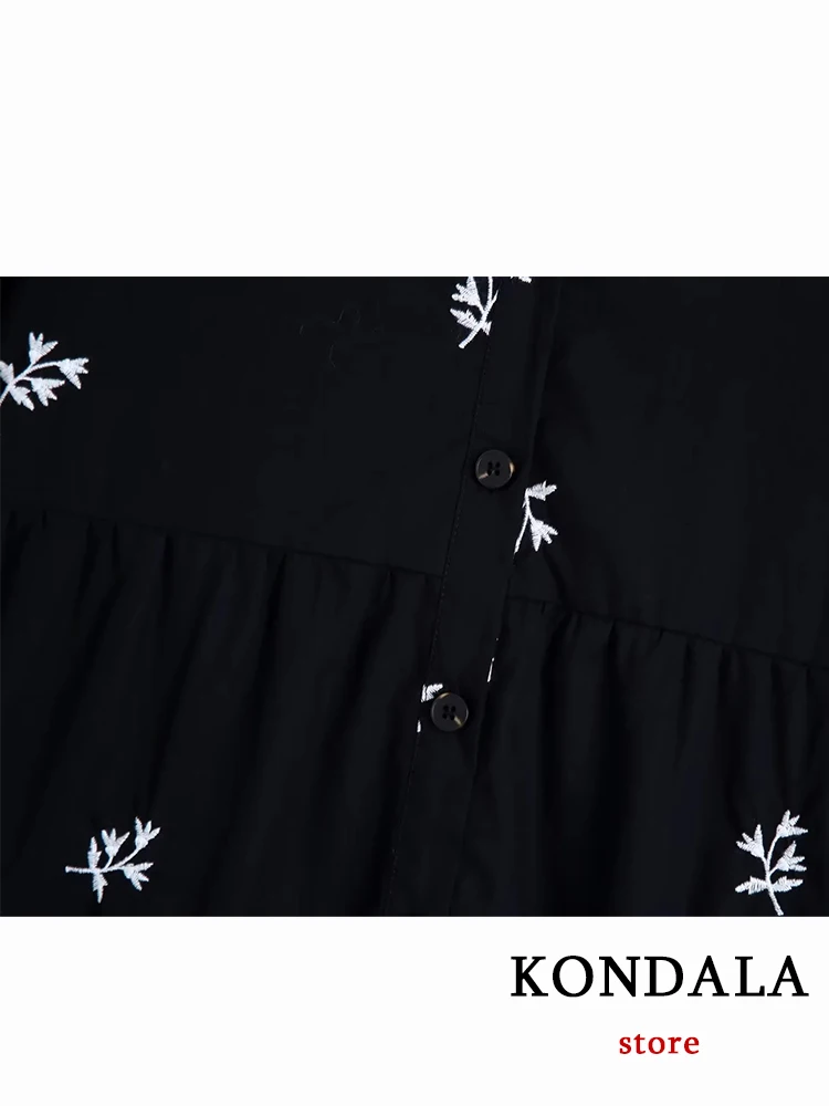 KONDALA Chic Casual Loose Embroidery Black Women Long Shirt Dress Fashion 2023 Summer Single Breast Long Sleeve Elegant Vestidos