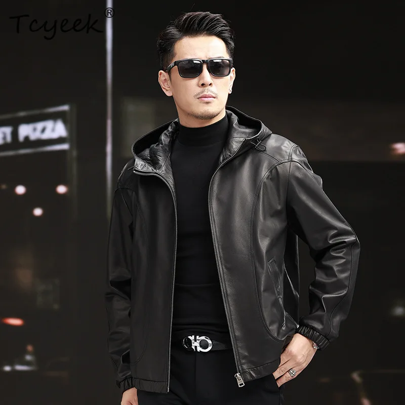 

Tcyeek Natural Cowhide Real Leather Jacket Men Spring Autumn Clothes Fashion Mens Leather Jackets Hoodie Trendy Jaqueta De Couro