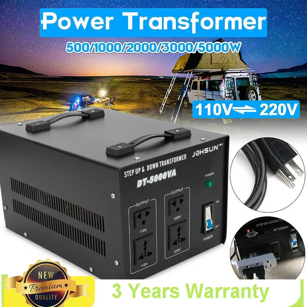 Black 5000W Voltage Converter Transformer Heavy Duty Step Up/ Down AC 110V⇋220V W/ Circuit Breaker Protection Electrical Supply