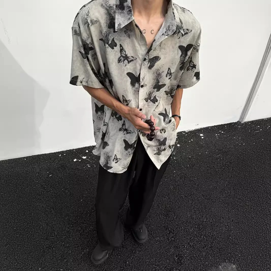 Niche Butterfly Short-sleeved Shirt Men's Summer Thin Loose Drape Full Print Shirt