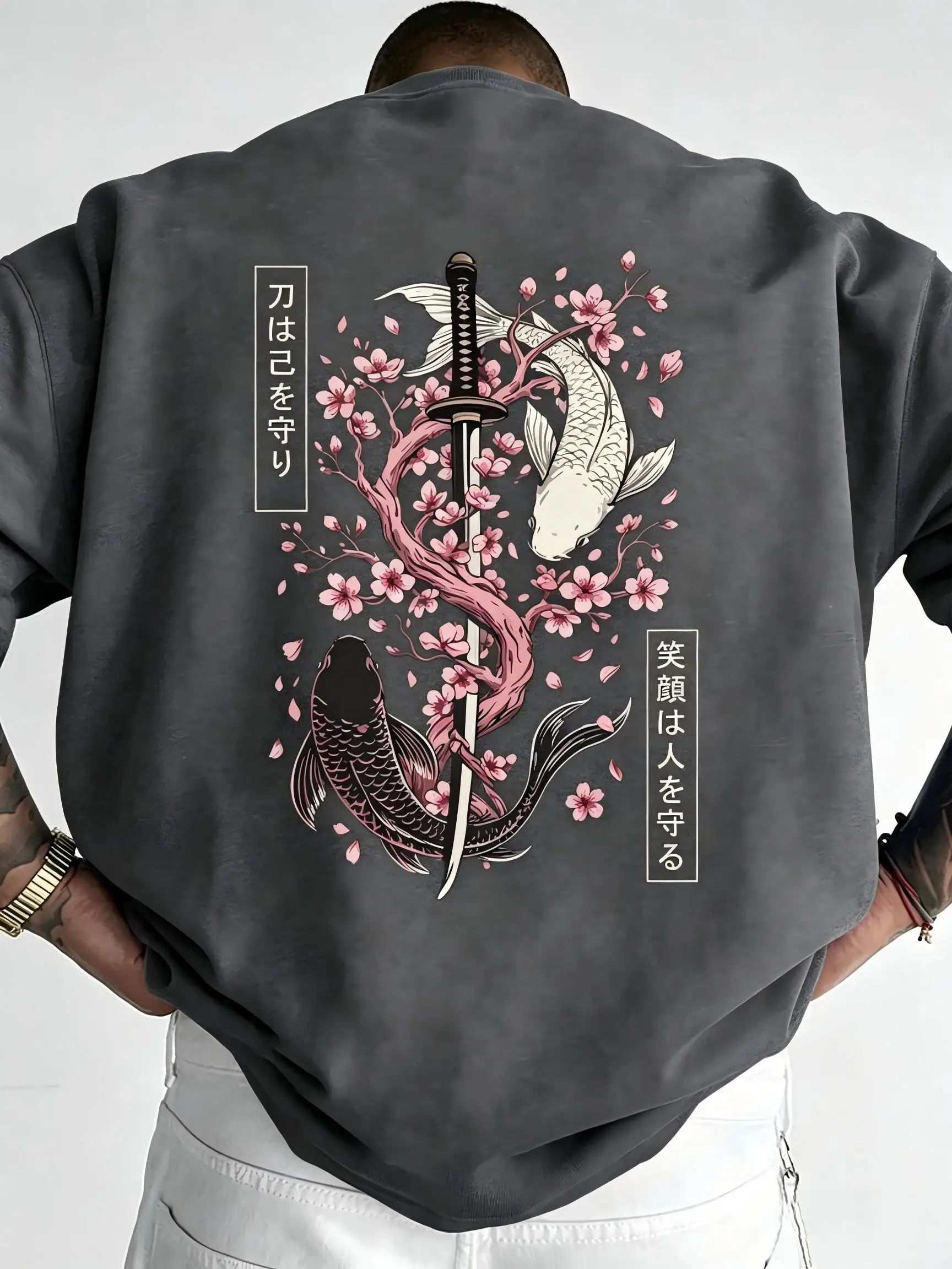 Hot selling new men's summer koi samurai sword letter print comfortable and breathable round neck T-shirt outdoor casual top