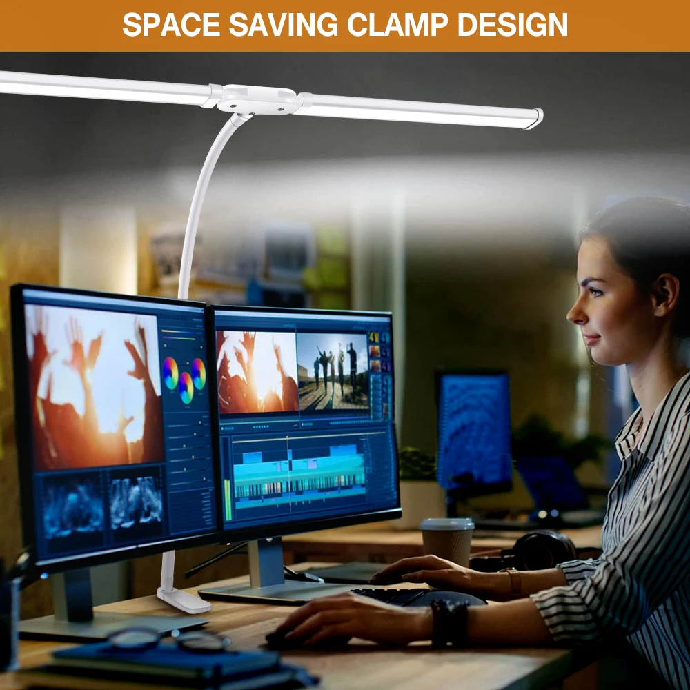 Double Headed LED Clip Type Remote Control Desk Lamp Reading Lamp Desktop Desk Lamp Architectural Desk Lamp with 5 Color Modes A