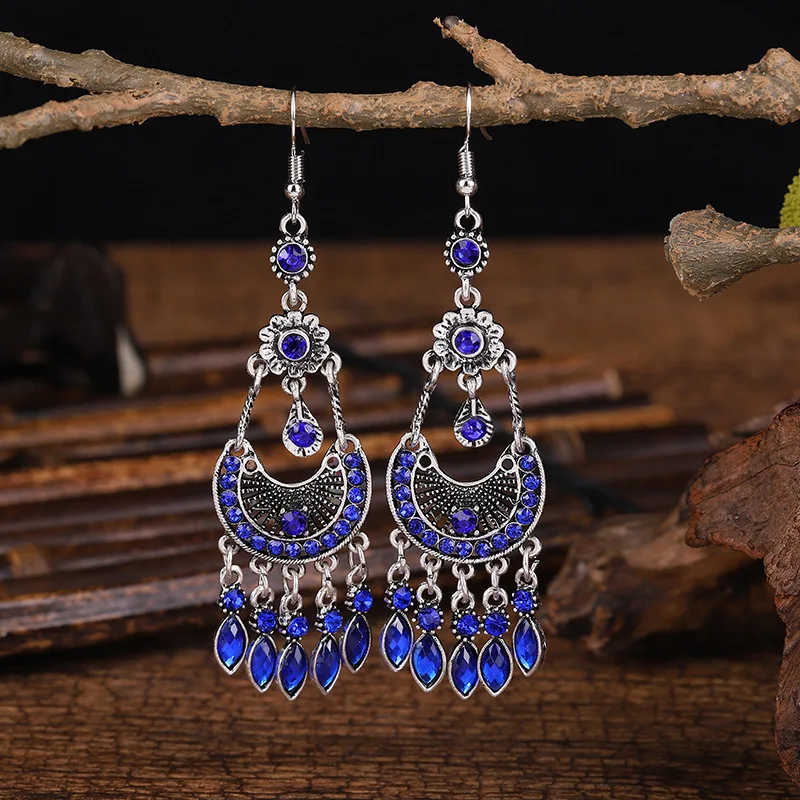 Vintage Delicate Flower Boho Drop Dangle Earrings For Women Retro Bohemian Rhinestone Crystal Wedding Earrings Pendientes Mujer