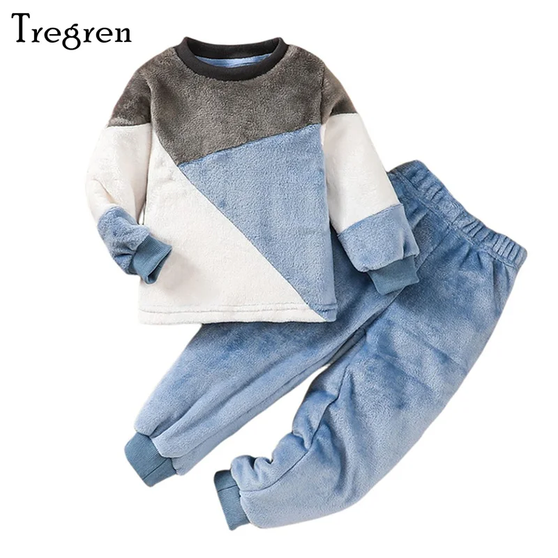 Tregren 4-7Y Kid Boys Plush Pajamas Set Contrast Color Crew Neck Long Sleeve Tops Long Pants 2Pcs Lounge Suit Sleepwear Homewear