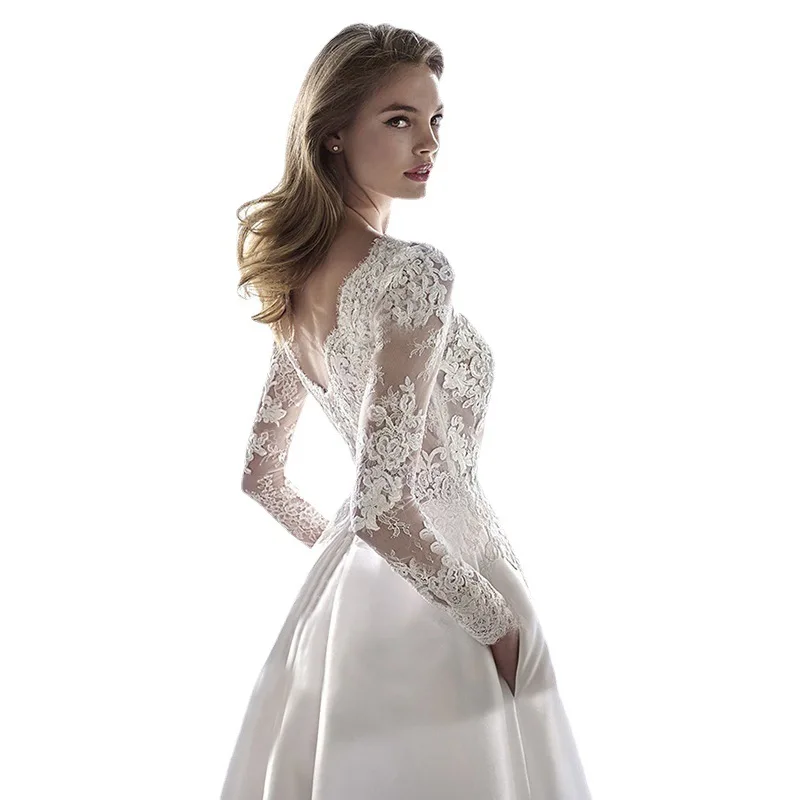 Satin New Simplel Wedding Dresses Long Sleeved O-neck A-line Waist Elegant Classical Bridal Gowns Vestidos Plus Size Customized