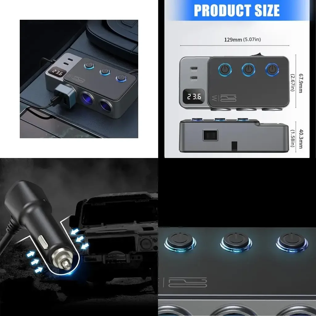 شحن السيارة ولاعة السجائر الفاصل 3 مقبس USB C شحن سريع للغاية مع مفاتيح مستقلة للمركبة 12 فولت/24 فولت X37F