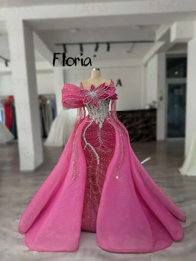 Gorgeous Pink Prom Dresses With Overskirt Sparkly Crystals 2 Pieces Wedding Party Gowns Plus Size Bridal Dresses Long Sleeves