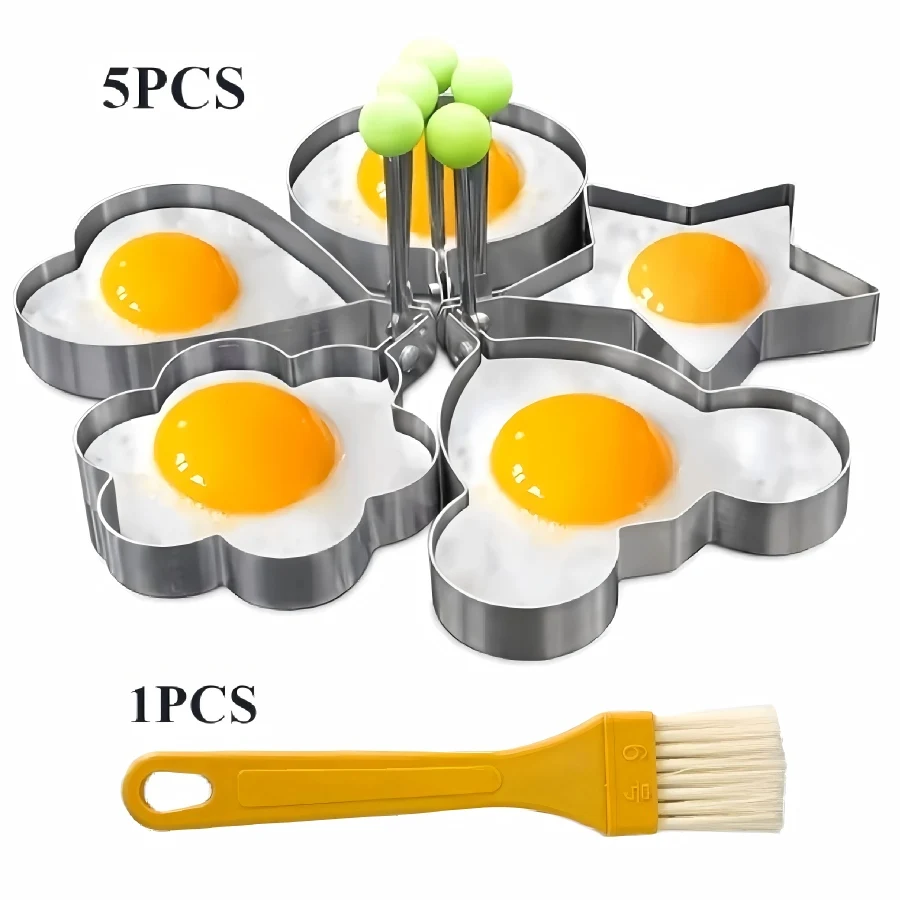 

6PCS-5PCS Fried Egg Ring+1PC Oil Brush, Creative Stainless Steel Egg Cooking Ring Set - Cartoon shaped Non stick Fried Egg