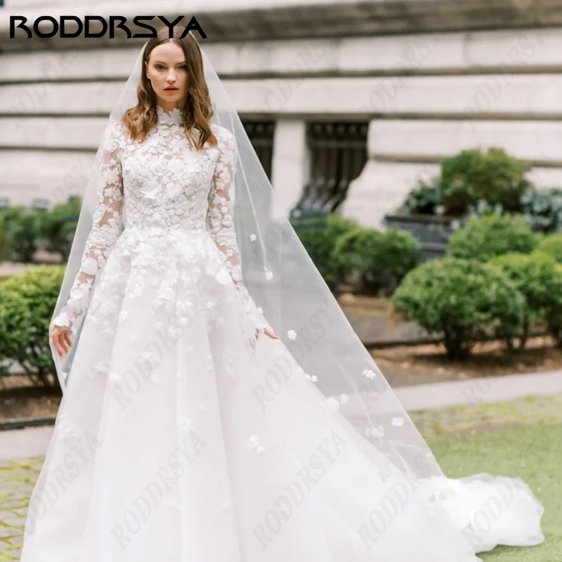 Gaun pengantin lengan panjang putri RODDRSYA gaun pengantin wanita romantis renda leher tinggi pesta pengantin cantik Applique gaun pengantin Boho