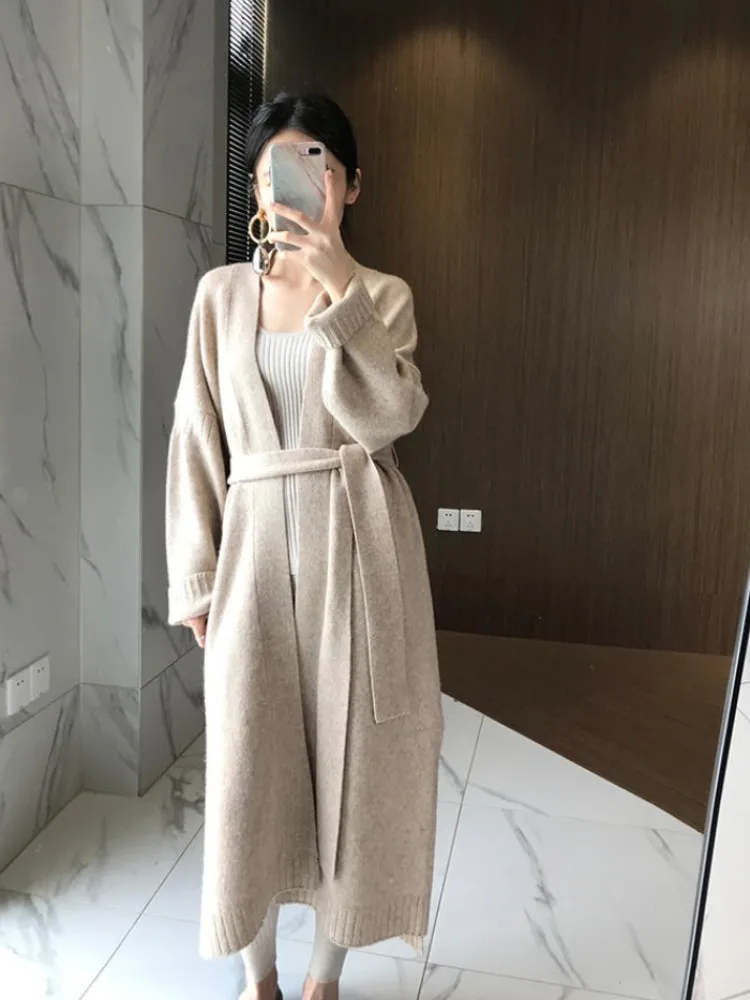 Autumn and winter new Korean version of 100% cashmere cardigan loose  long over the knee network red sweater coat knitwear