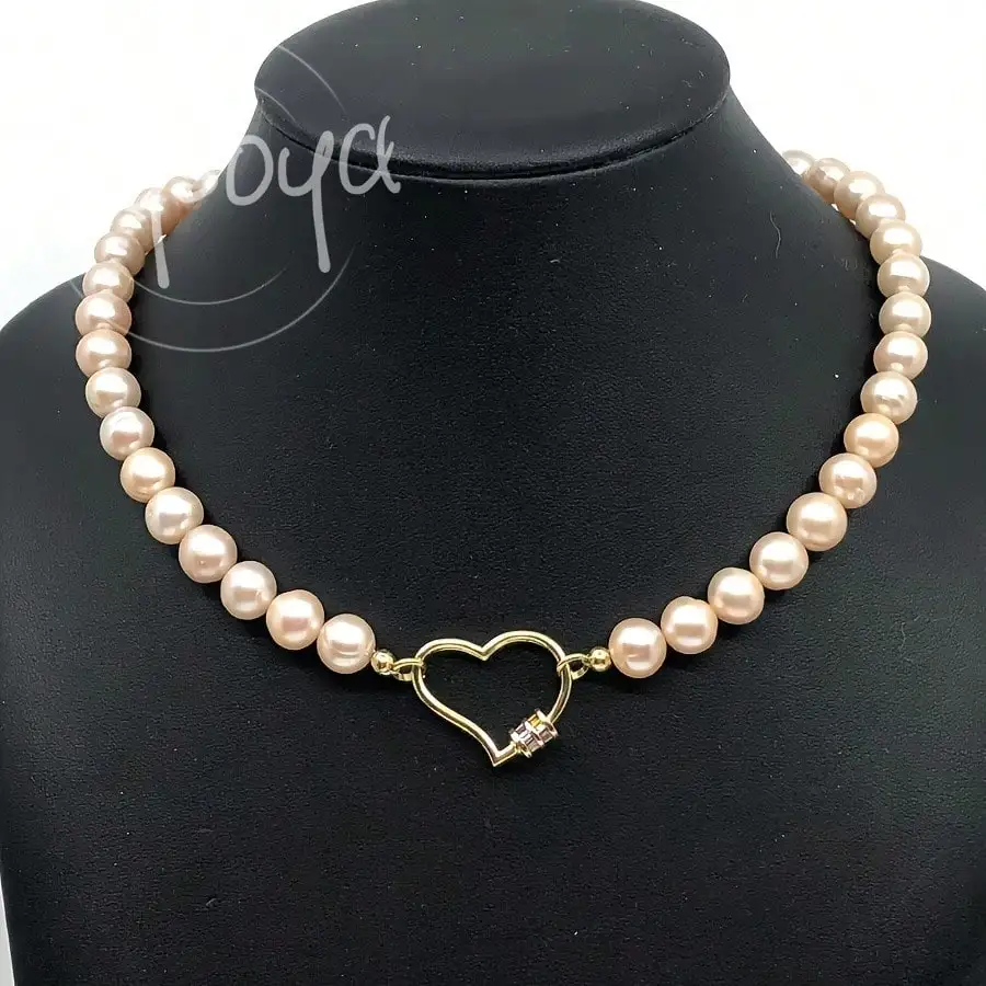 

MYSOYA Pink Freshwater Pearl Necklace 7-9mm Pearls With Heart-shaped Clasp Gift Box Gift for Her Wedding Christmas Birthday Gift