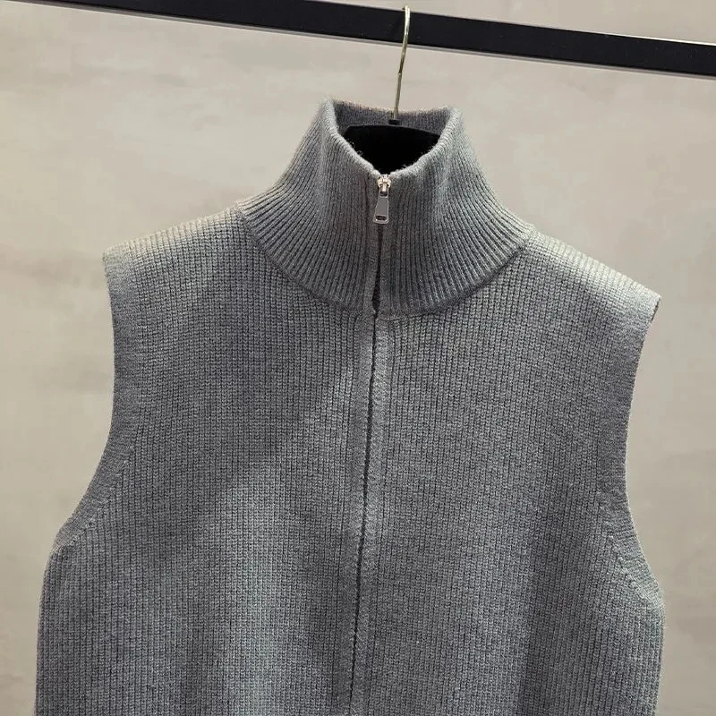 Double Zipper Vest Women Sweater Autumn Sleeveless Sweater Vest Stand Collar Solid Color Outside The Western Style Vest Female