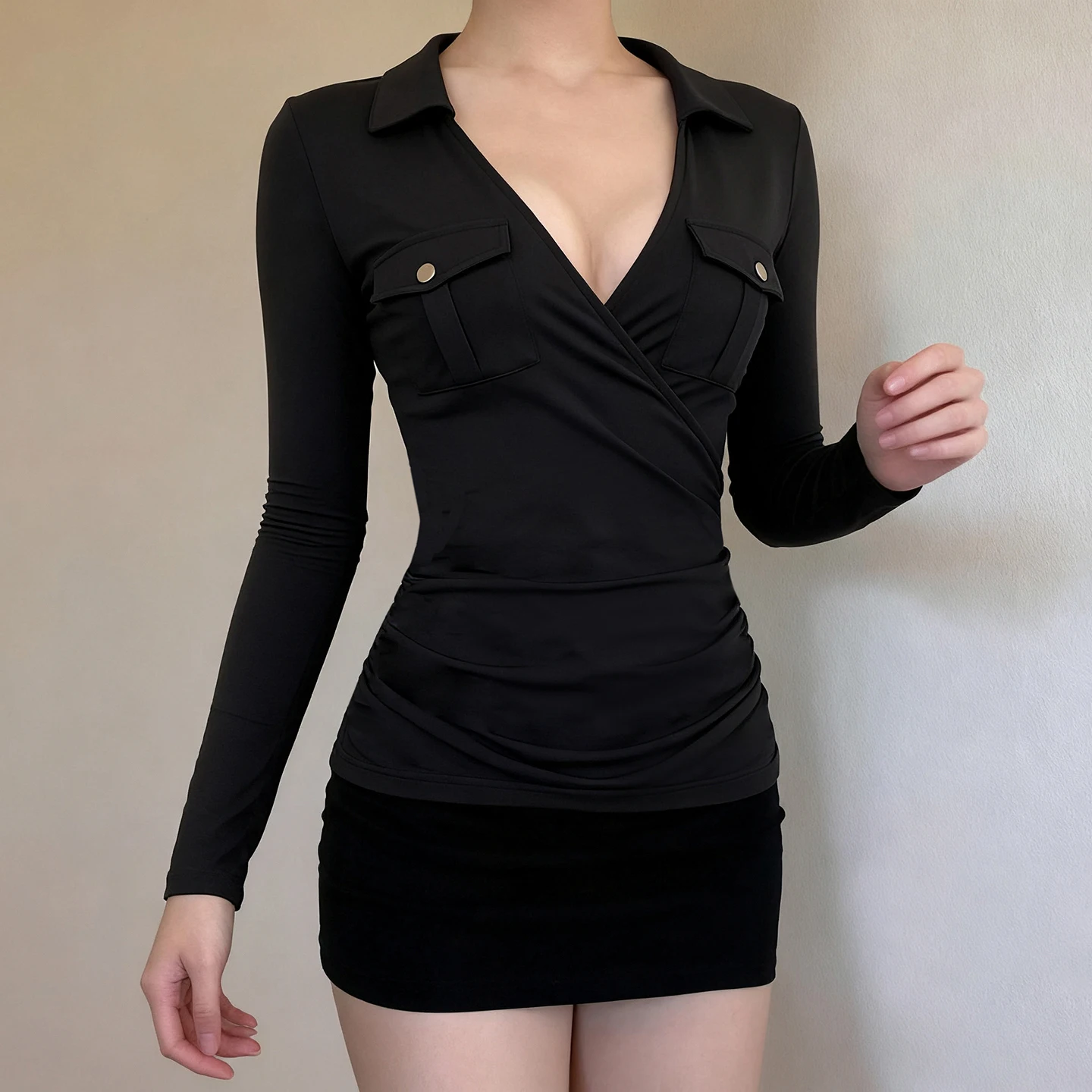 SUCHCUTE Sexy V-neck Cross-Over Shirt Women's Long Sleeve Pockets Tops Casual All Match Tees Fall/Spring Outfit Vintage Clothes