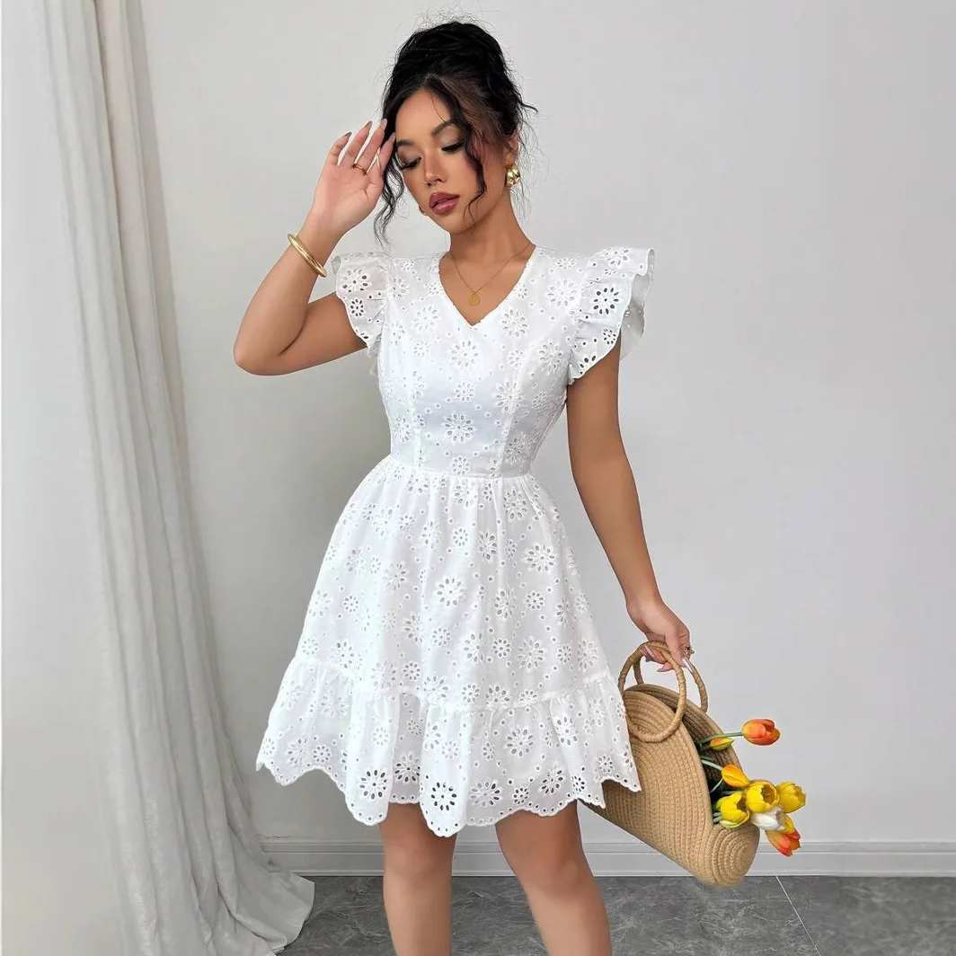 

Women Dress V Neck Dress A Line Vestidos Knee Length Sexy Hollow Out Beach Style Loose Fit Slight Strech 2025 Summer Solid