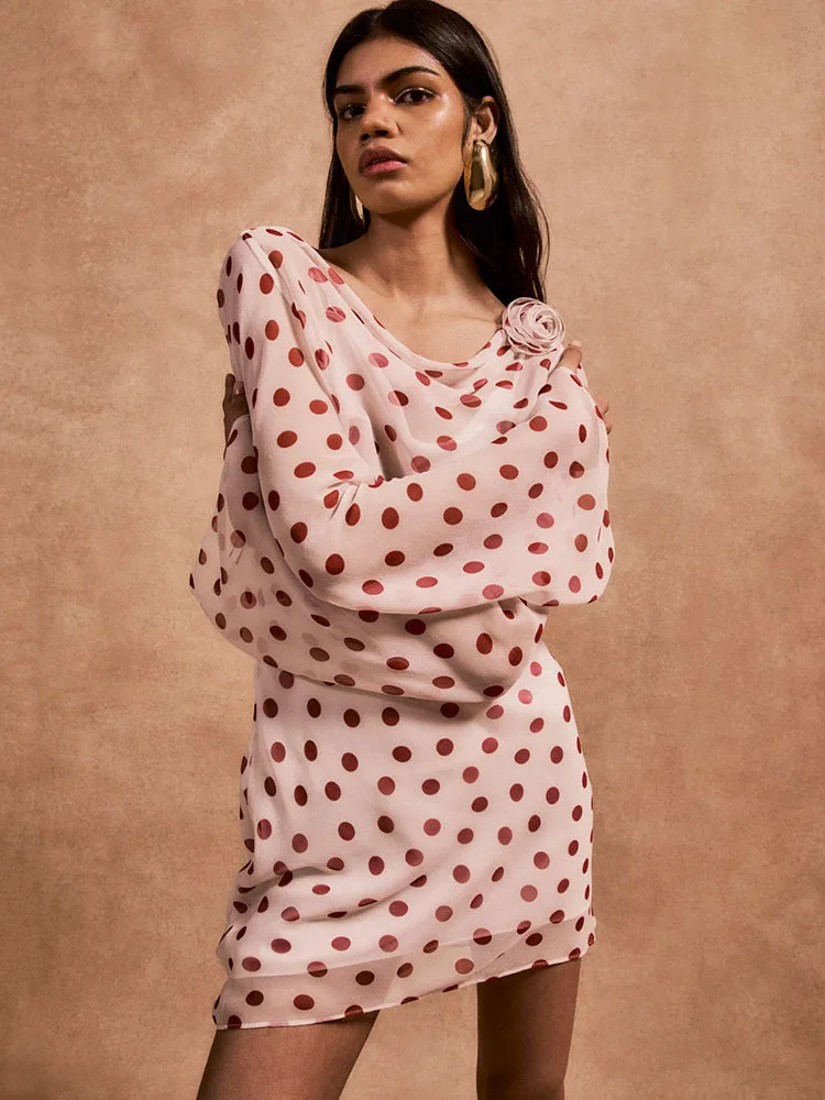 

Oniflyme See Through Polka Dots Print Mini Dress Women Fashion Flower Flare Sleeve Backless Slim A-Line Short Dresses Streetwear