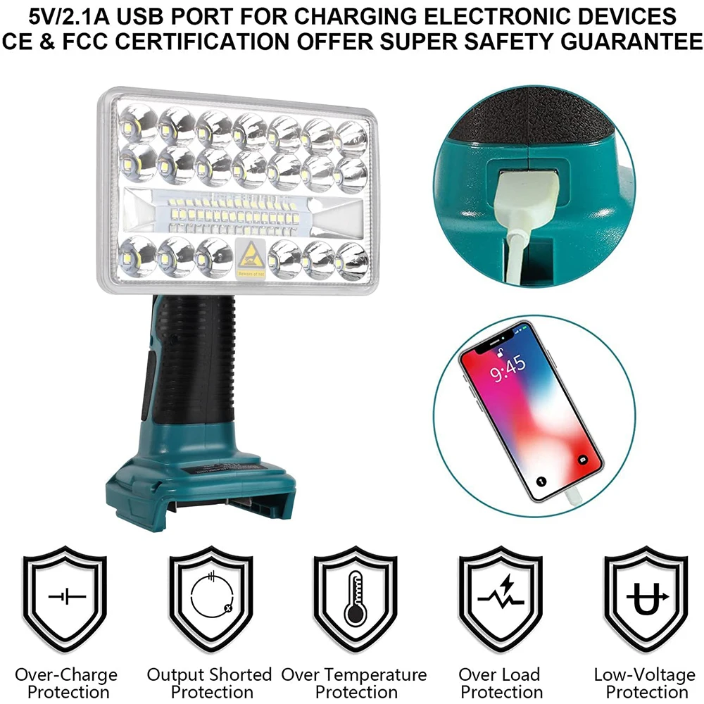 2000LM 18W LED Work Light for Makita 18V Li-ion Battery Rechargeable Lamps Portable Outdoor Camping Light Flashlight