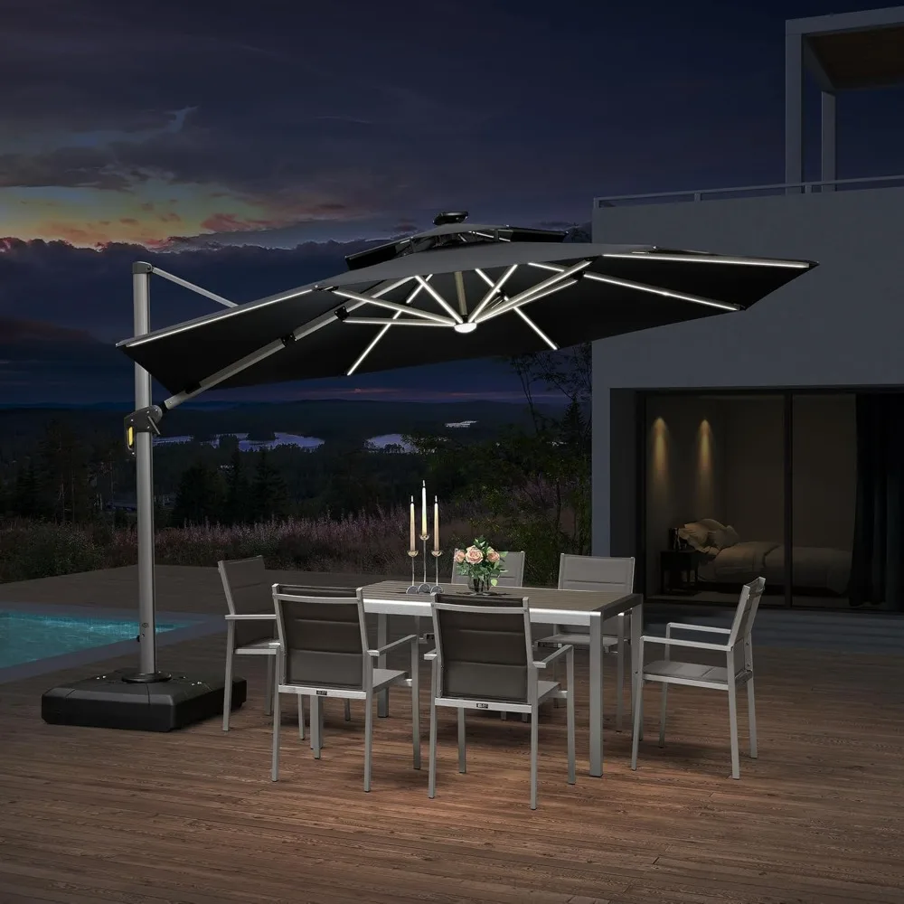 

12ft Solar powered LED Patio Umbrella Outdoor Round Umbrella Large Cantilever Umbrellas with LED lights Windproof Offset Umbrel