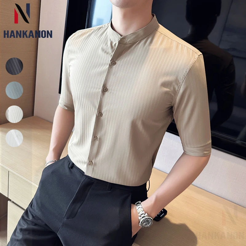 2024 High-quality New Men's Business Casual Men's Short-sleeved Shirt, Slim Fit Striped Stand-up Collar Shirt M-4XL