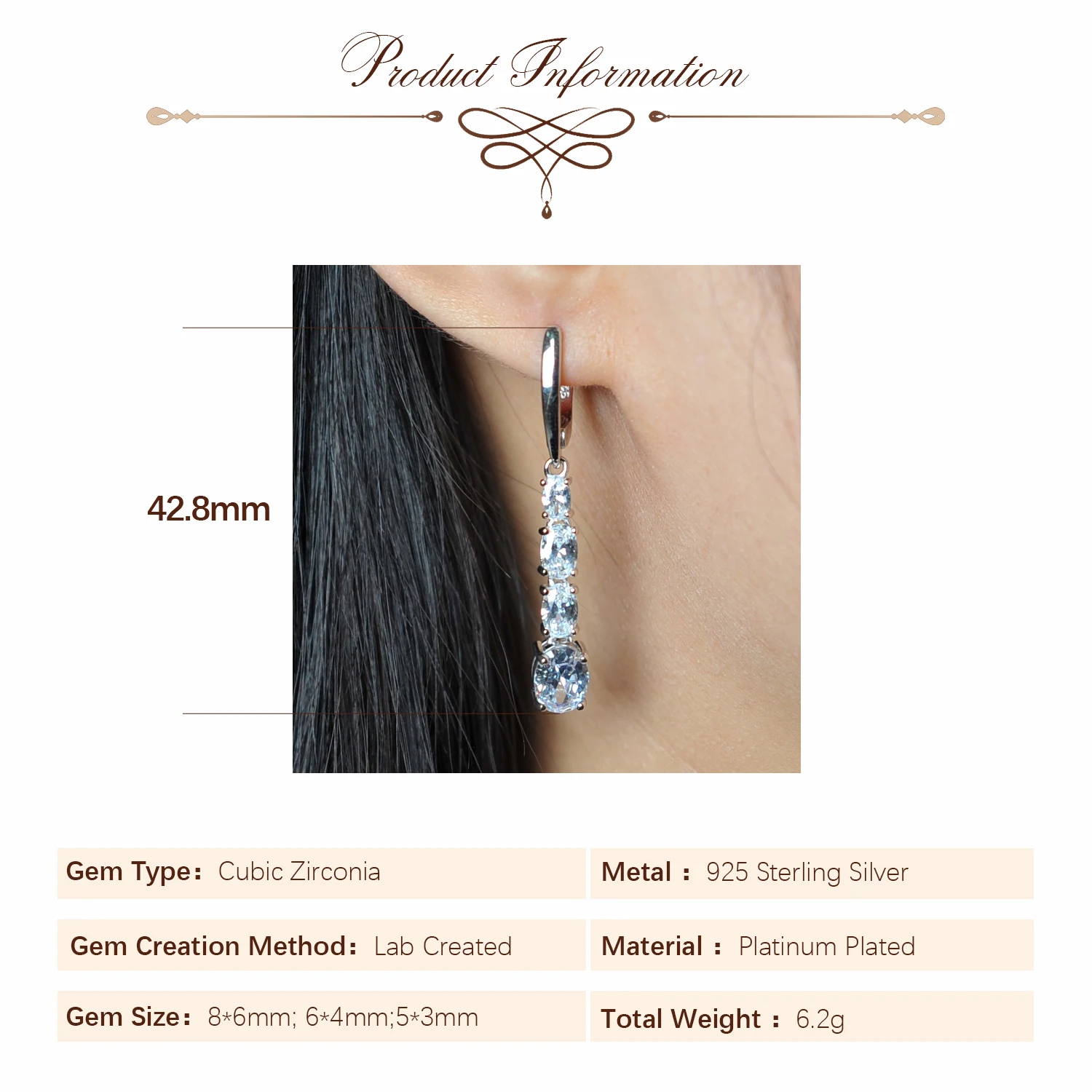 Potiy الفاخرة 4.5ct 5A شكل بيضاوي مكعب زركونيا Damiond بريق استرخى إسقاط أقراط هدية لها 925 فضة