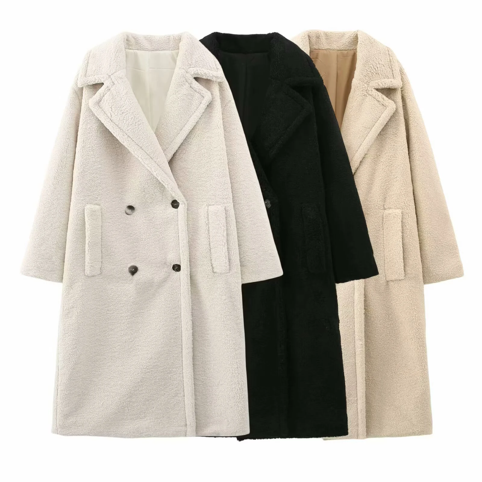 2025 autumn and winter loose double breasted thick warm coat, tall teddy fur fleece long coat
