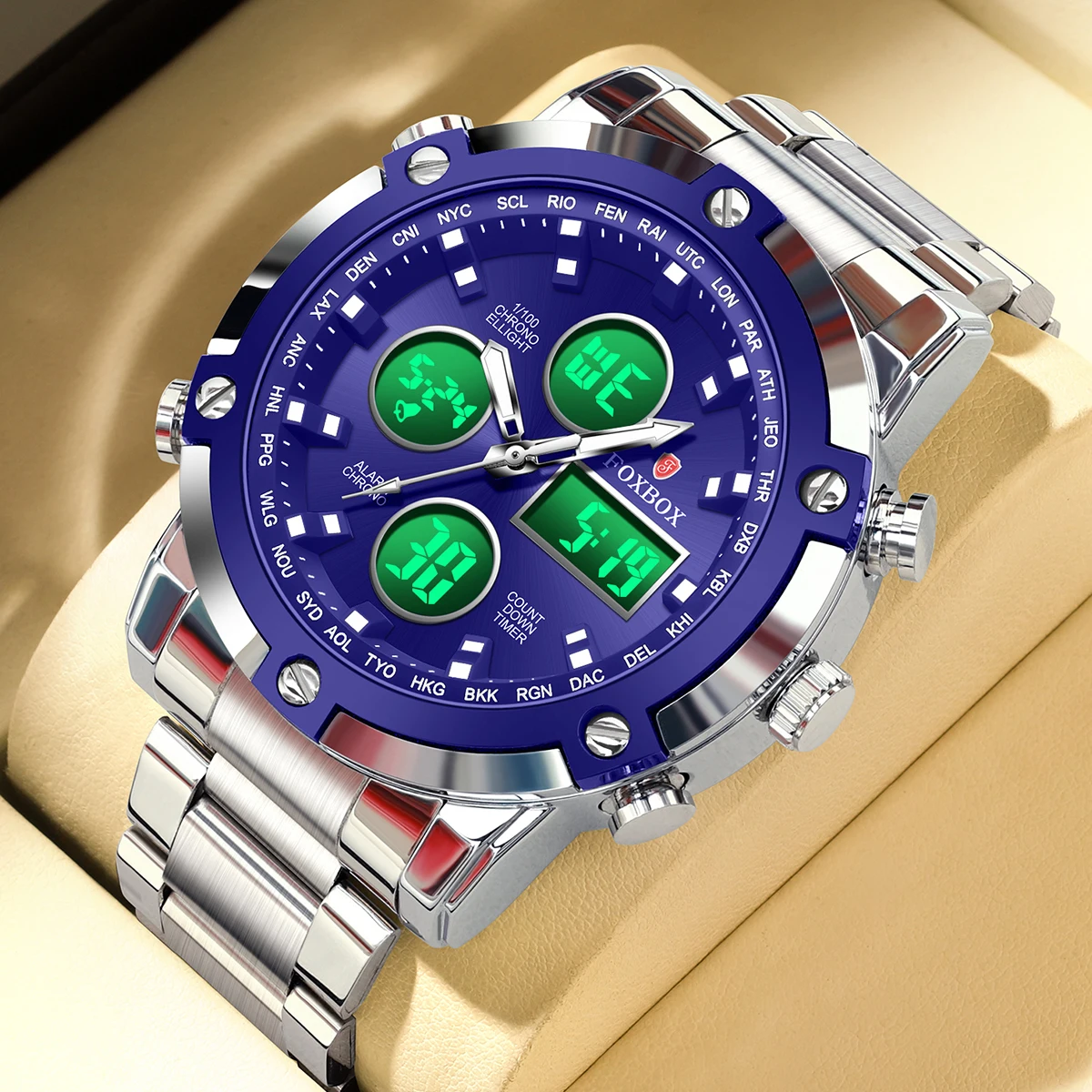 FOXBOX 3 Time Back Light Display Digital Watches Mens Full Steel Strap Quartz Wristwatch Countdown Clock Relogio Masculino