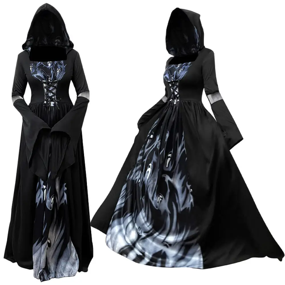 Vestido de bruja de Halloween gótico Vintage estilo oscuro con capucha vestidos de vampiro mangas acampanadas falda completa cintura ceñida vestido de