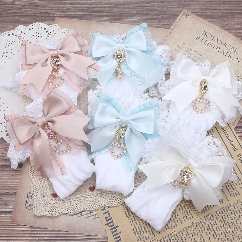 Handmade Japanese Style Lolita Socks Sweet Cute Girls Bow Love Pendant Lace Cotton Socks Kawaii Rhinestone Short Sockings Women