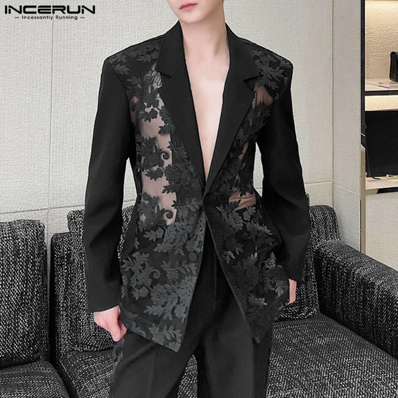 INCERUN Men Blazer Mesh Patchwork Lace Transparent Lapel Long Sleeve Casual Suits Men Streetwear 2024 One Button Fashion Coats