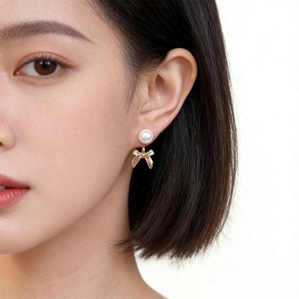 14K Gold Plated Copper Bow Pearl Drop Earrings For Women Dainty Two Way Wear Pearl Stud Earrings Minimalist Daily Jewelry Gift