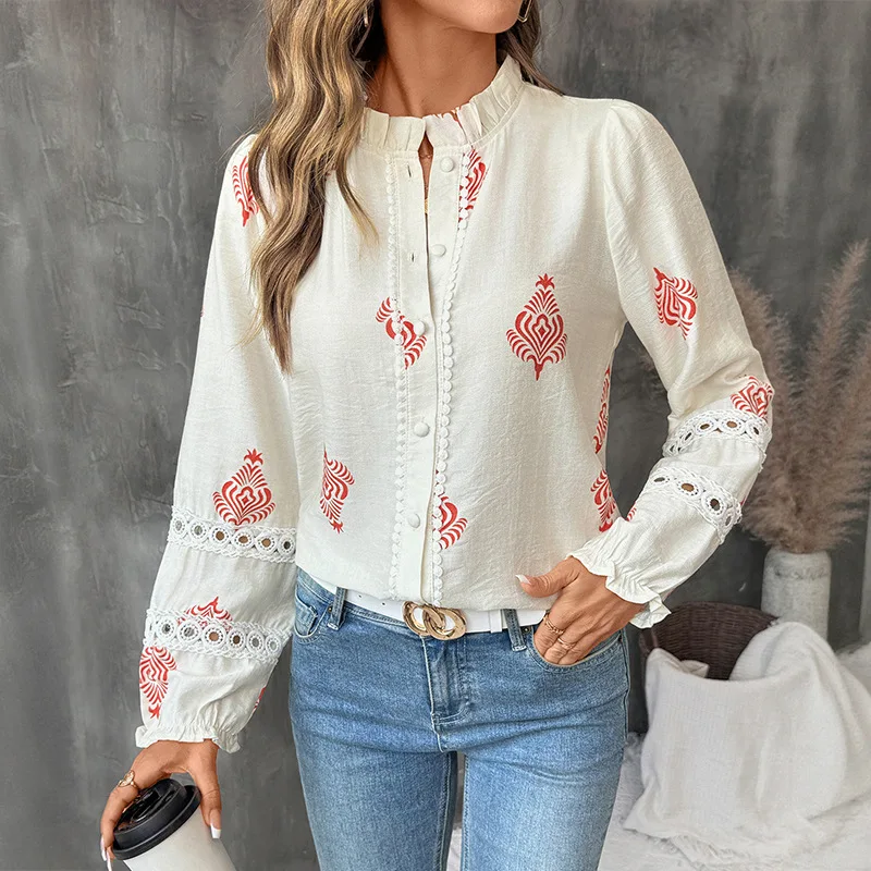 

Lace Spliced French Pastoral Style Literary Round Neck Cardigan Printing Shirt Top for Women