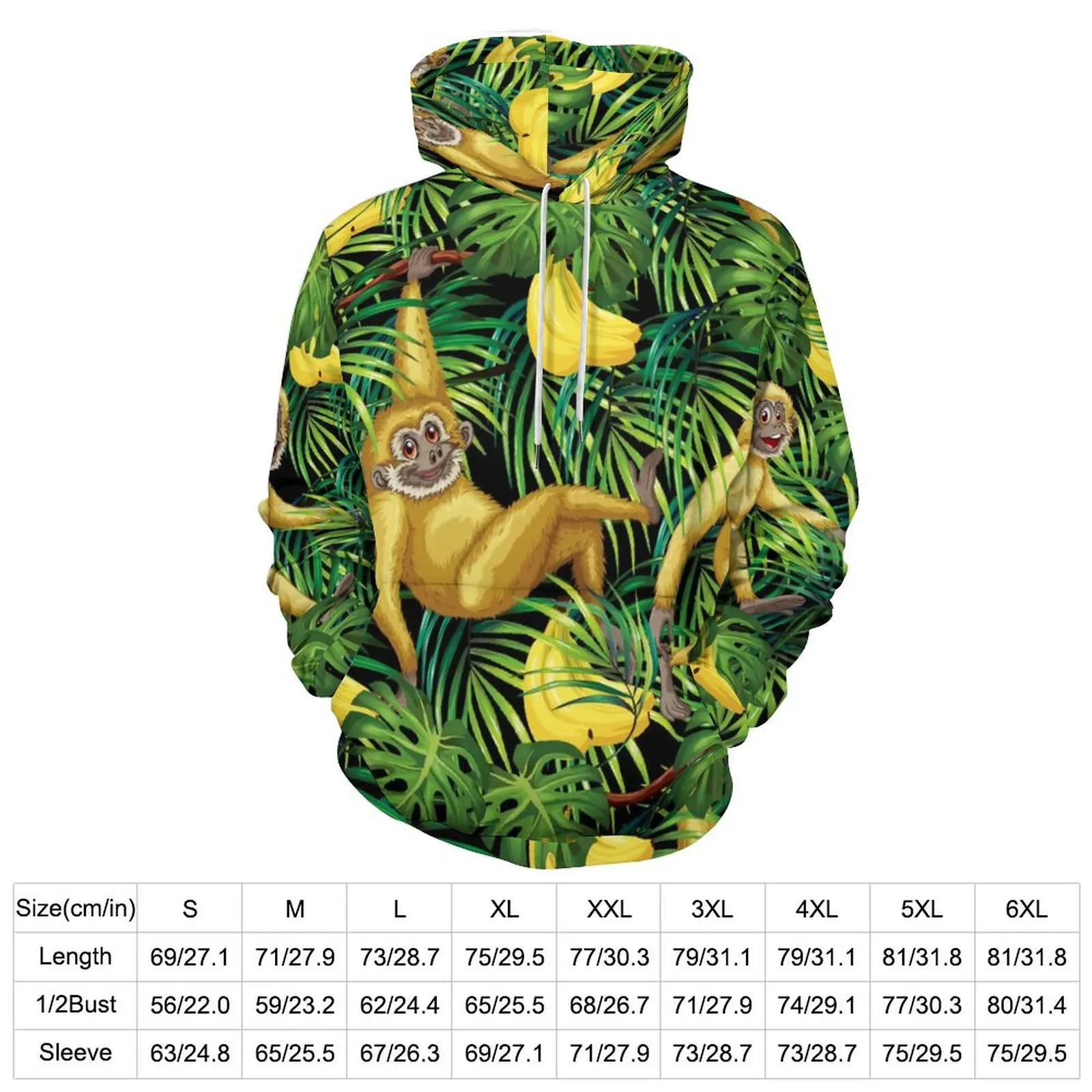 Monkey Print Loose Hoodies Tropical Banana Jungle Harajuku Pullover Hoodie Man Long Sleeve Oversized Casual Graphic Clothing