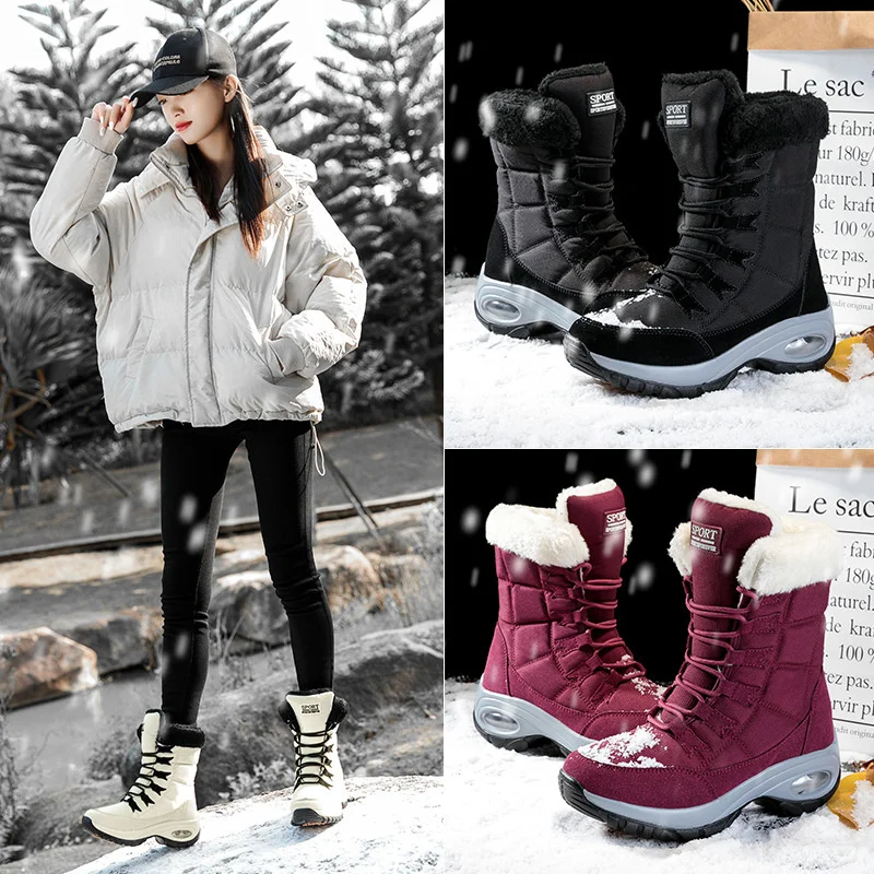 

CINESSD Women Boots Winter Keep Warm Quality Mid-Calf Snow Boots Ladies Lace-up Comfortable Waterproof Boots