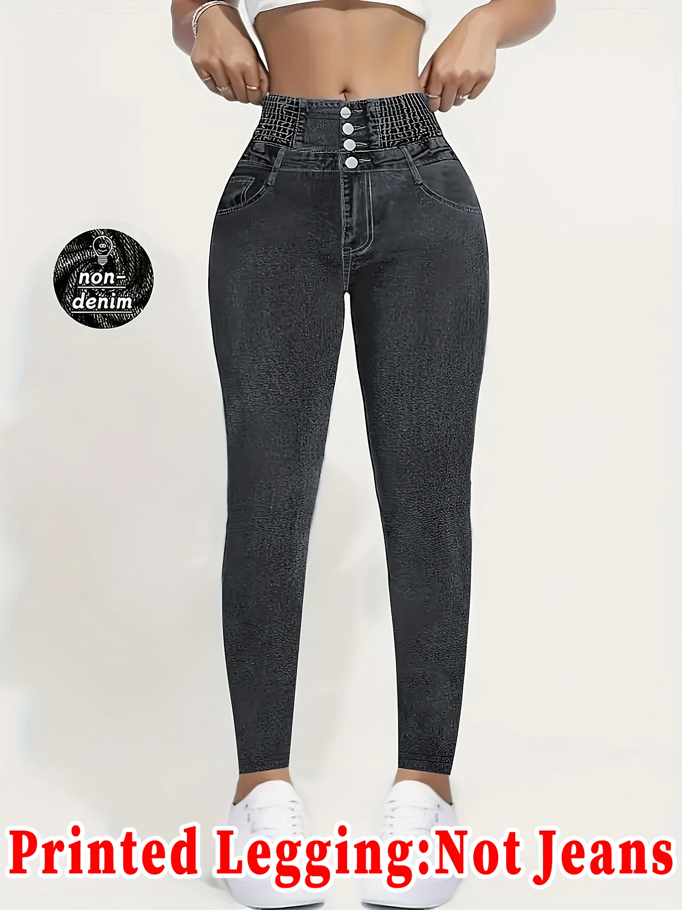 Women High Waist 4 Buttons Faux Denim Jeggings Tummy Control Leggings With Pockets