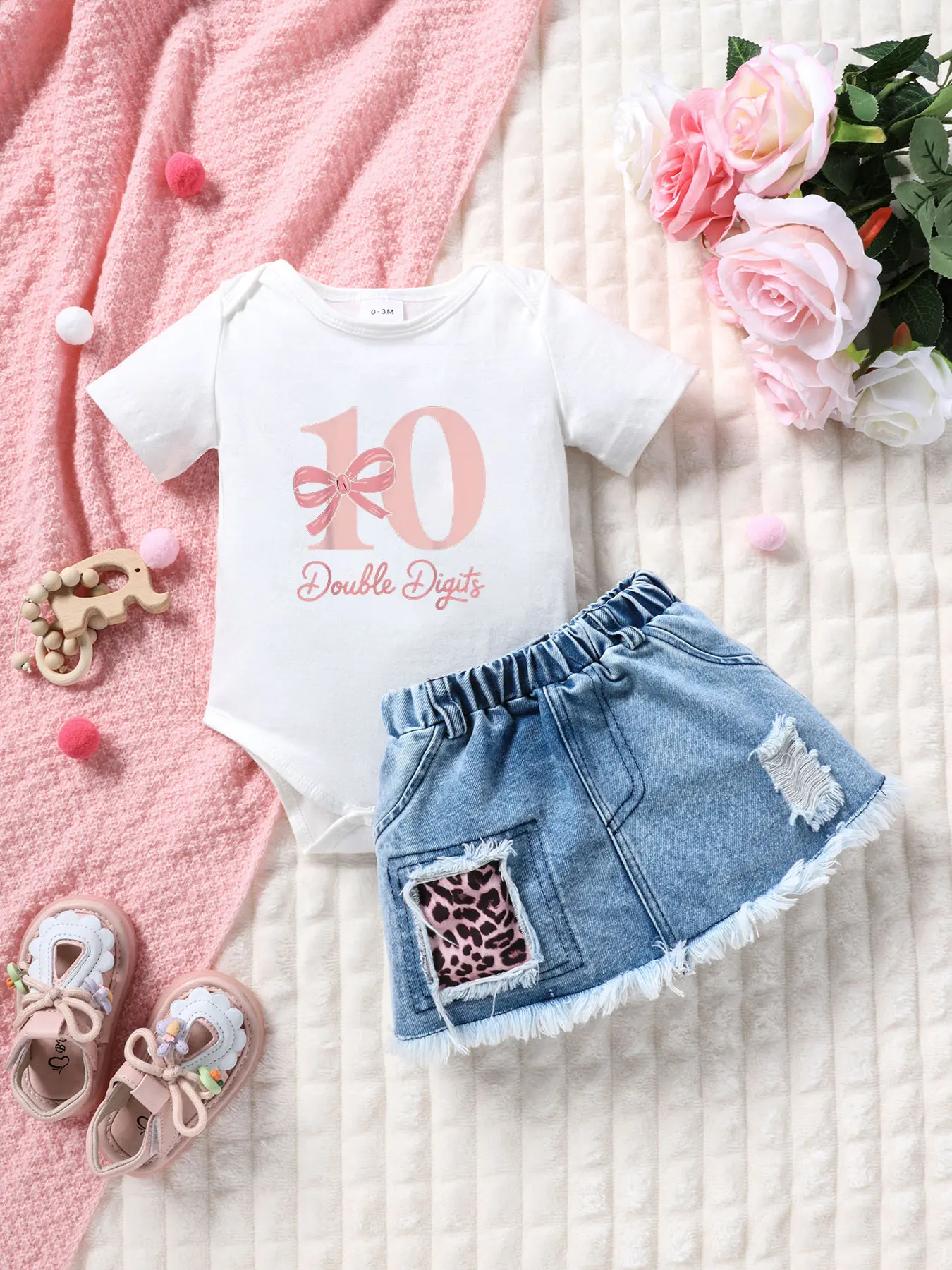 Summer 2pc set: 10 Double Digits & bow, romper+denim skirt, birthday cute