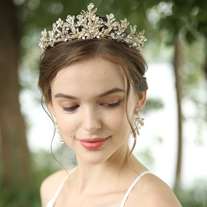 Delicate Light Gold Color Floral Wedding Hair Tiara Women Crown Leaf Crystal Bridal Hairband Hair Accessories