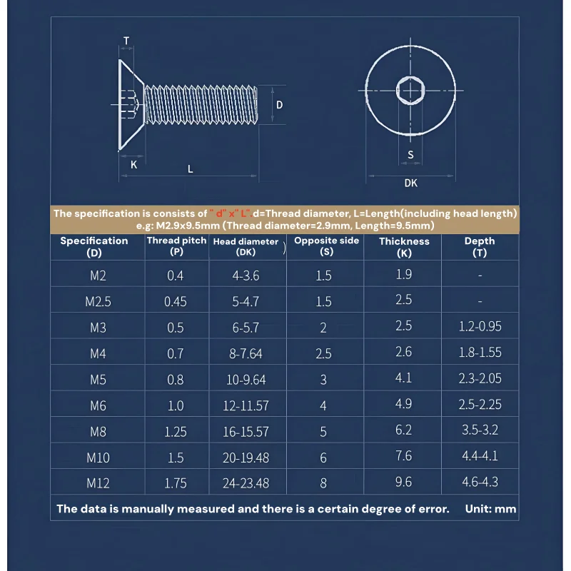 Beicai M2 M2.5 M3 M4 M5 M6 M8 M10 SUS316 Stainless Steel Countersunk Hexagon Socket Screw Flat Allen Bolt Screw Mental Screws