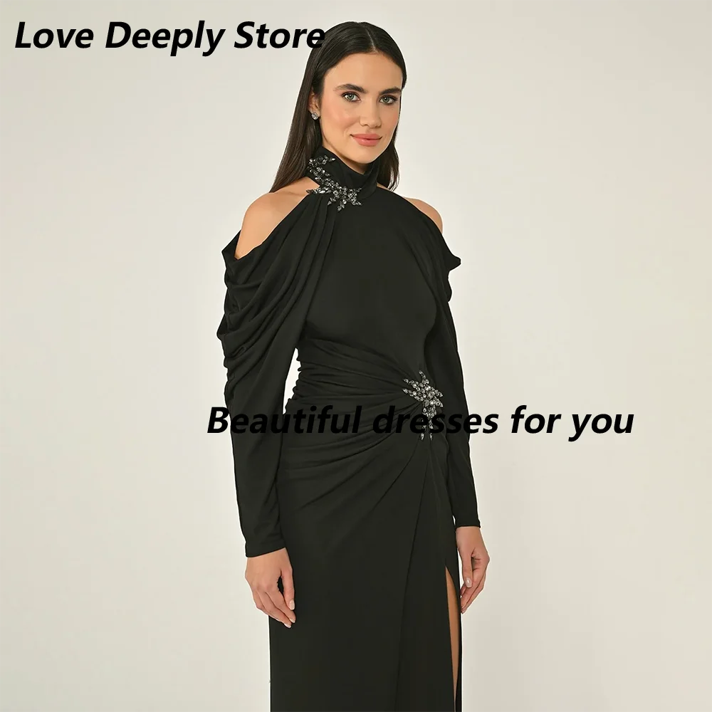 Black Prom Dress Customized Halter Off Shoulder Long Sleeves Evening Gowns Pleat Crystals Slit Straight Elegant Party Dresses image 4