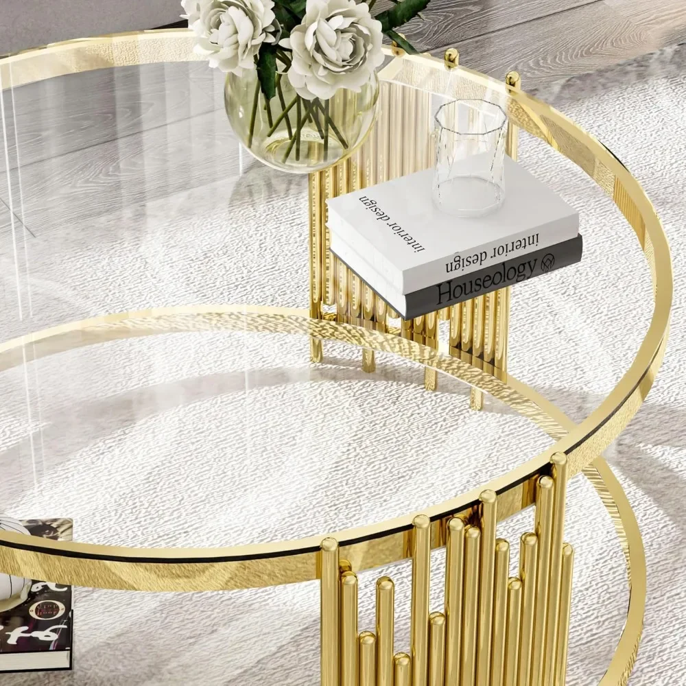 Glass Coffee Table Round Modern Living Room Table, Gold Stainless Steel Metal Leg Clear Tempered Glass, Sofa Center Table