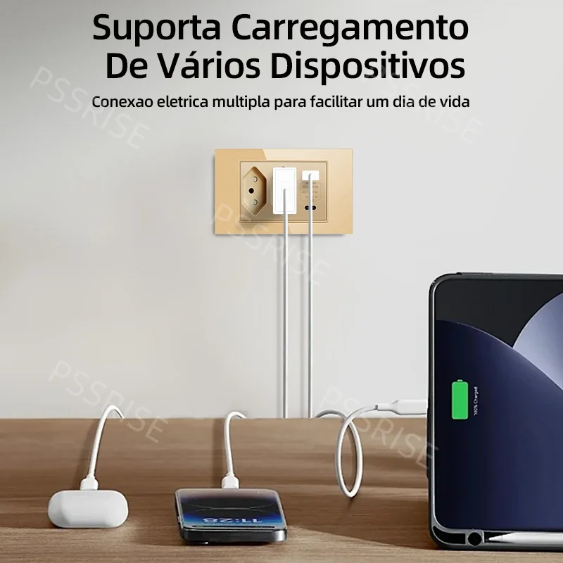 

Стандартная настенная розетка PSSRISE Бразилии с зарядным устройством USB Type-c 5 В, 2,1 А, панель из закаленного стекла, настенная розетка 118*74 мм