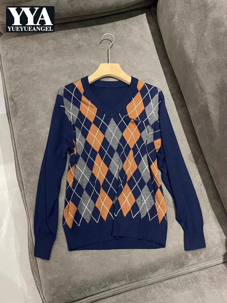 

Preppy Style Vintage Women Mixed Colors Plaid Pullover Sweater Tops Casual V Neck Knitwear Autumn Long Sleeve Wool Knit Sweaters