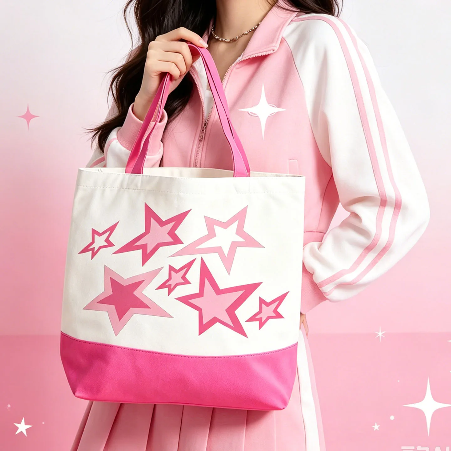 1PC Pink Spliced Canvas Bag with Star Pattern Single Shoulder Bag