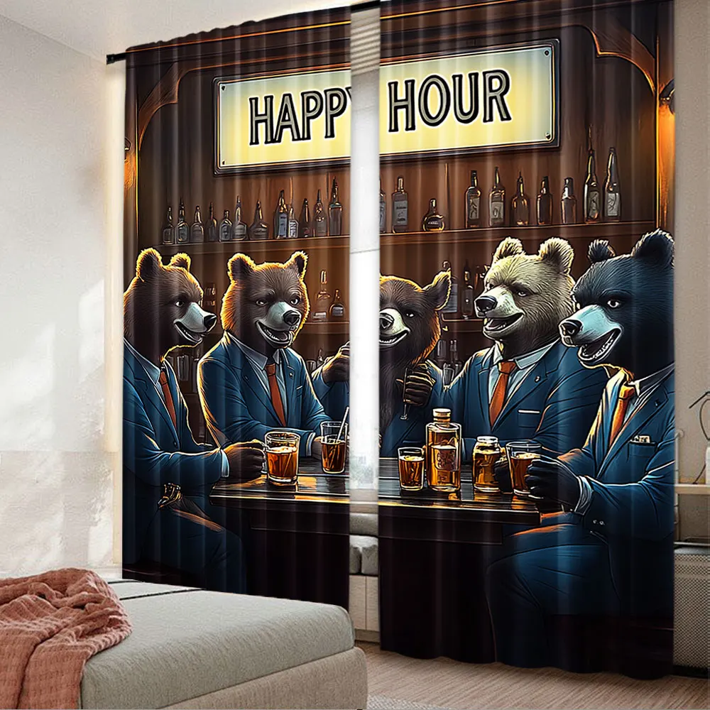 2Pcs Humorous Curtain Happy Hour Bears In Retro Classic Pub Scene Anthropomorphism For Bedroom Bathroom Living Room Dining Room